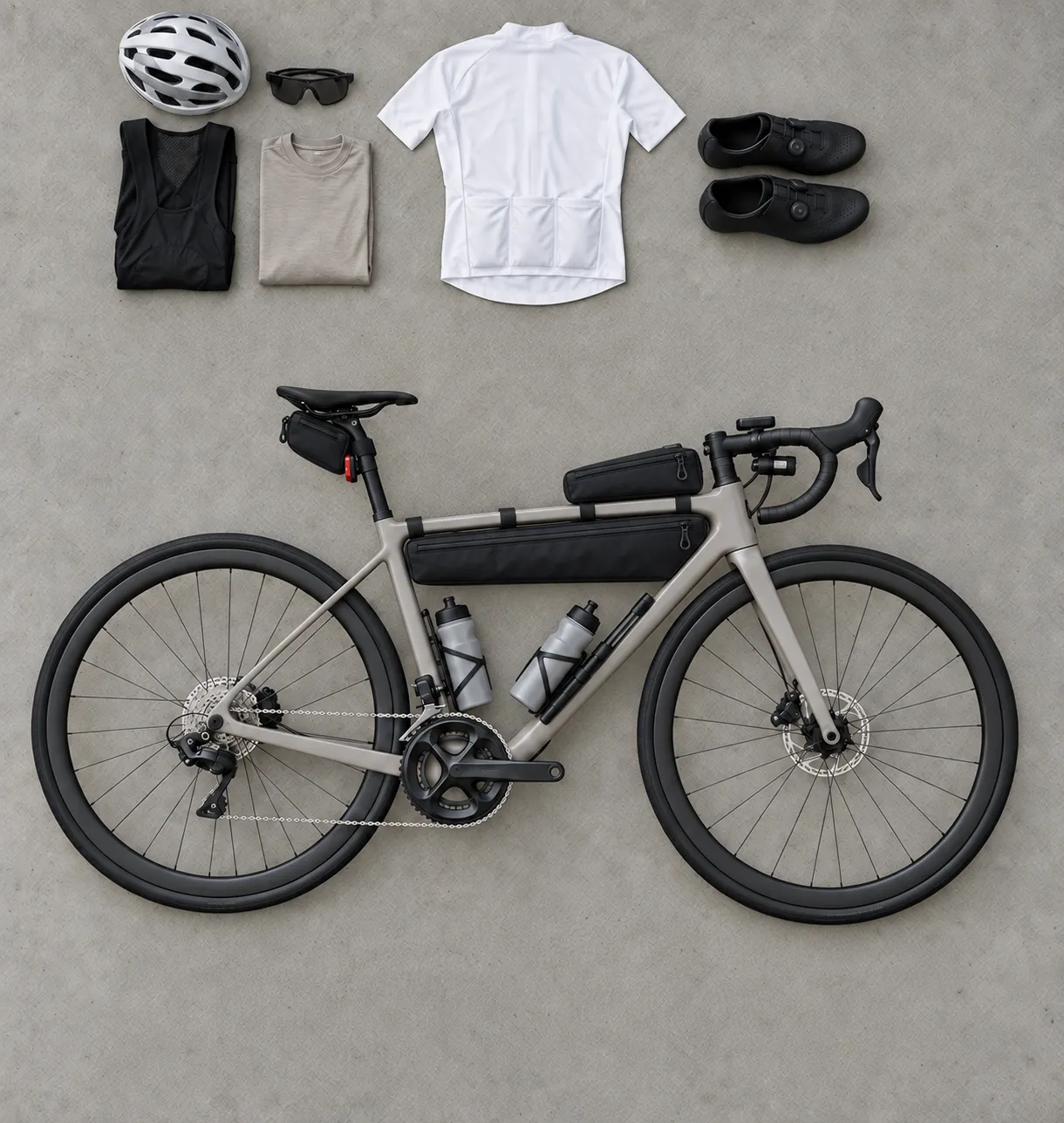 Bike packed, jersey pockets, top tube bag, half-frame bag and saddle bag, from above